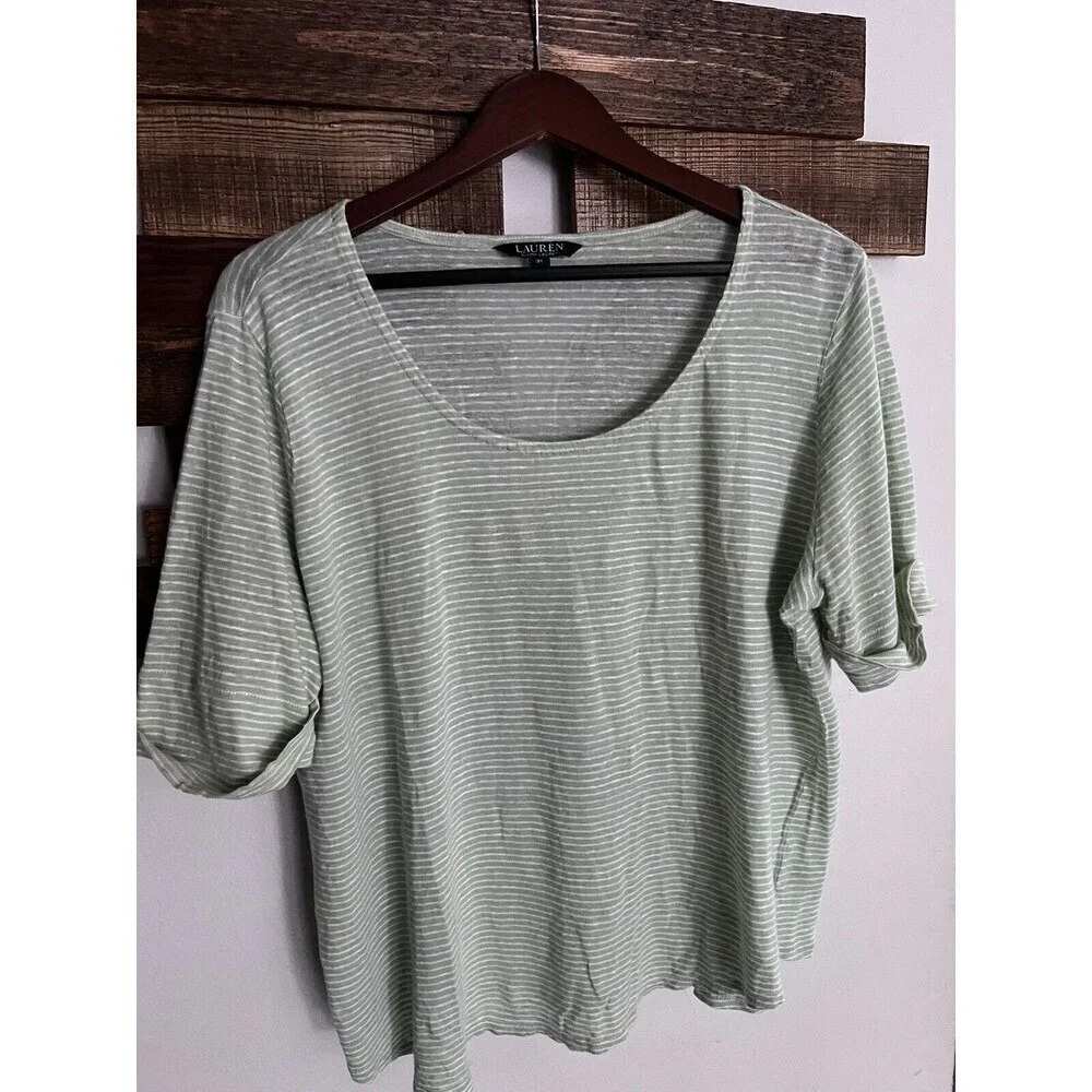 Lauren Ralph Lauren Womens Blouse 3x Short Rolled Cuff Sleeve 100% Linen Striped